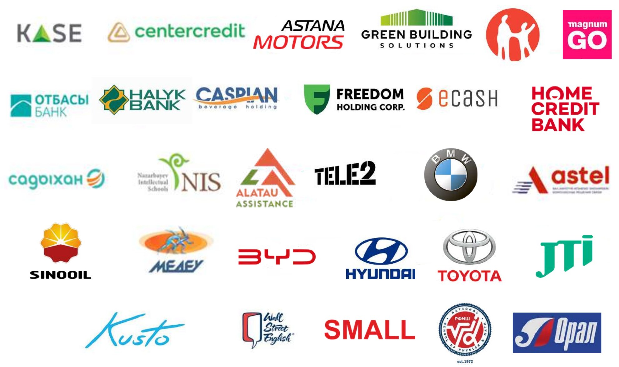 Логотипы клиентов ABI Group: KASE, Банк ЦентрКредит, Astana Motors, Halyk Bank, Freedom Holding, Home Credit Bank, BMW, Toyota, Hyundai, BYD, JTI, НИШ, РФМШ, Wall Street English и другие